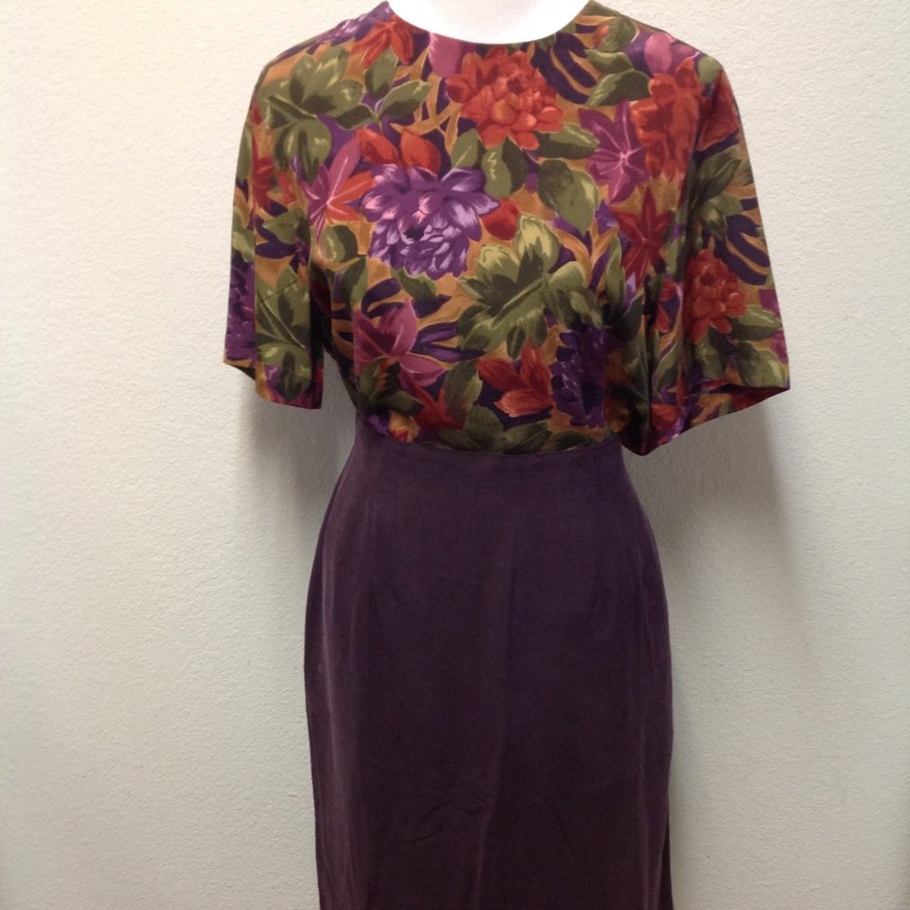 Vintage Alfred Dunner 100% Silk Floral Blouse Deep Plum A-Line Skirt Set Size 12